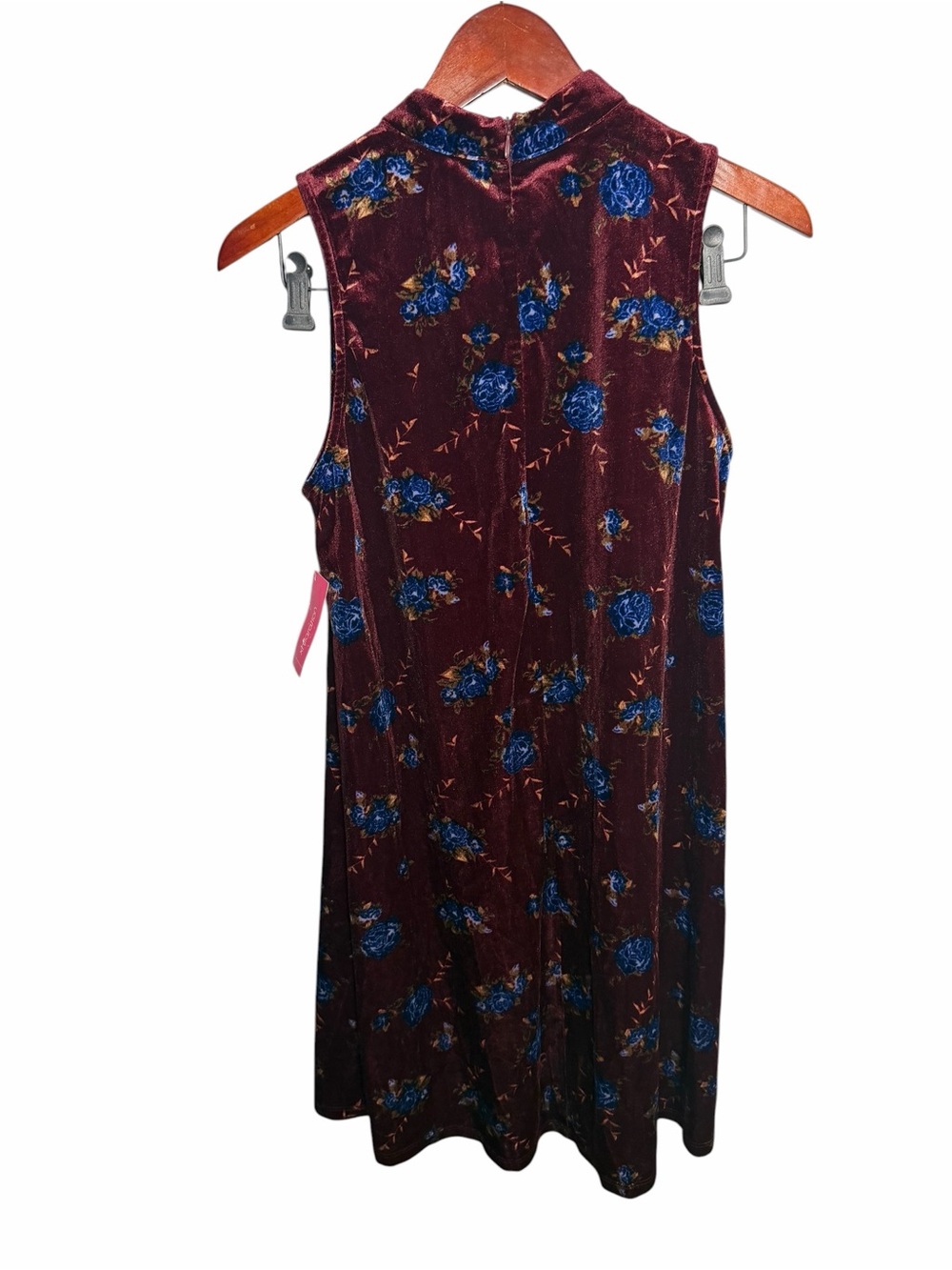 Xhilaration Burgundy Velvet Floral Choker Mini Dress with Blue Roses - Picture 3 of 10